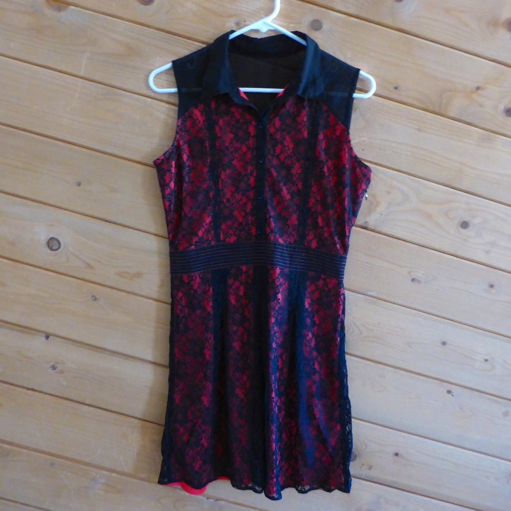 Latin Quarters Black Red Lace Lining Formal Collared Sleeveless Dress Girls M